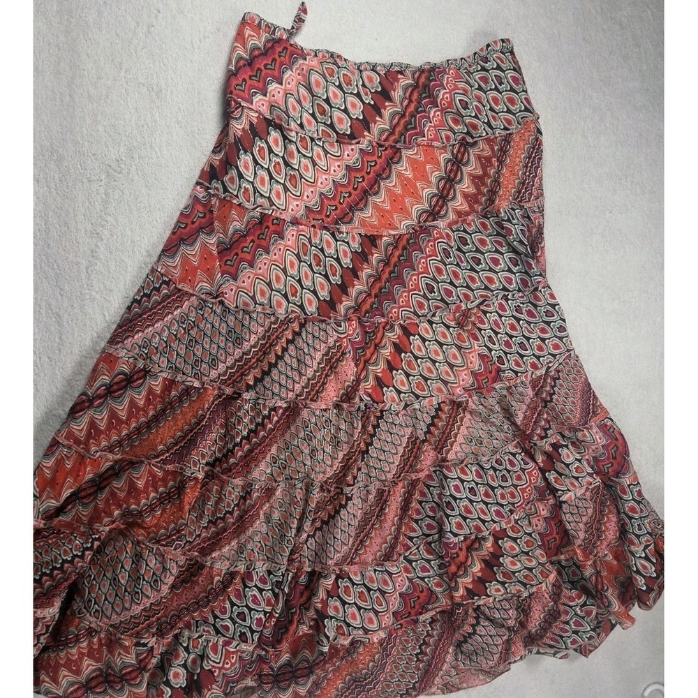 Dressbarn Boho Tiered Ruffle Skirt Womens M Red Orange Festival Peasant Flowy